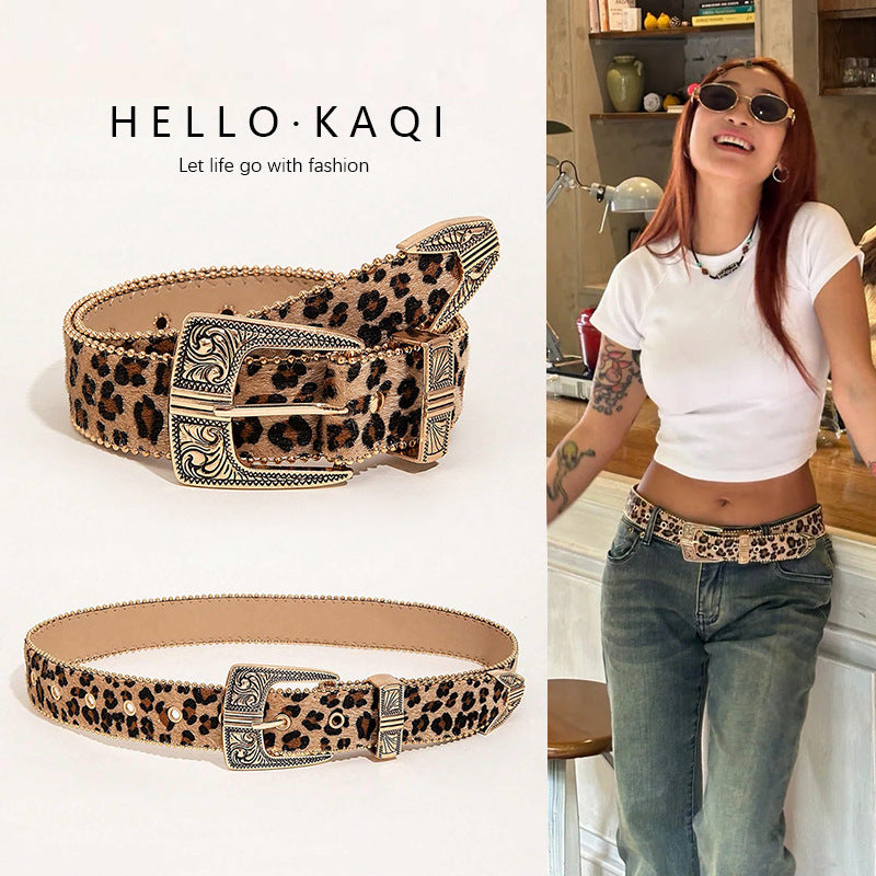 Leopard Jacquard PU Leather Belt with Alloy Pin Buckle