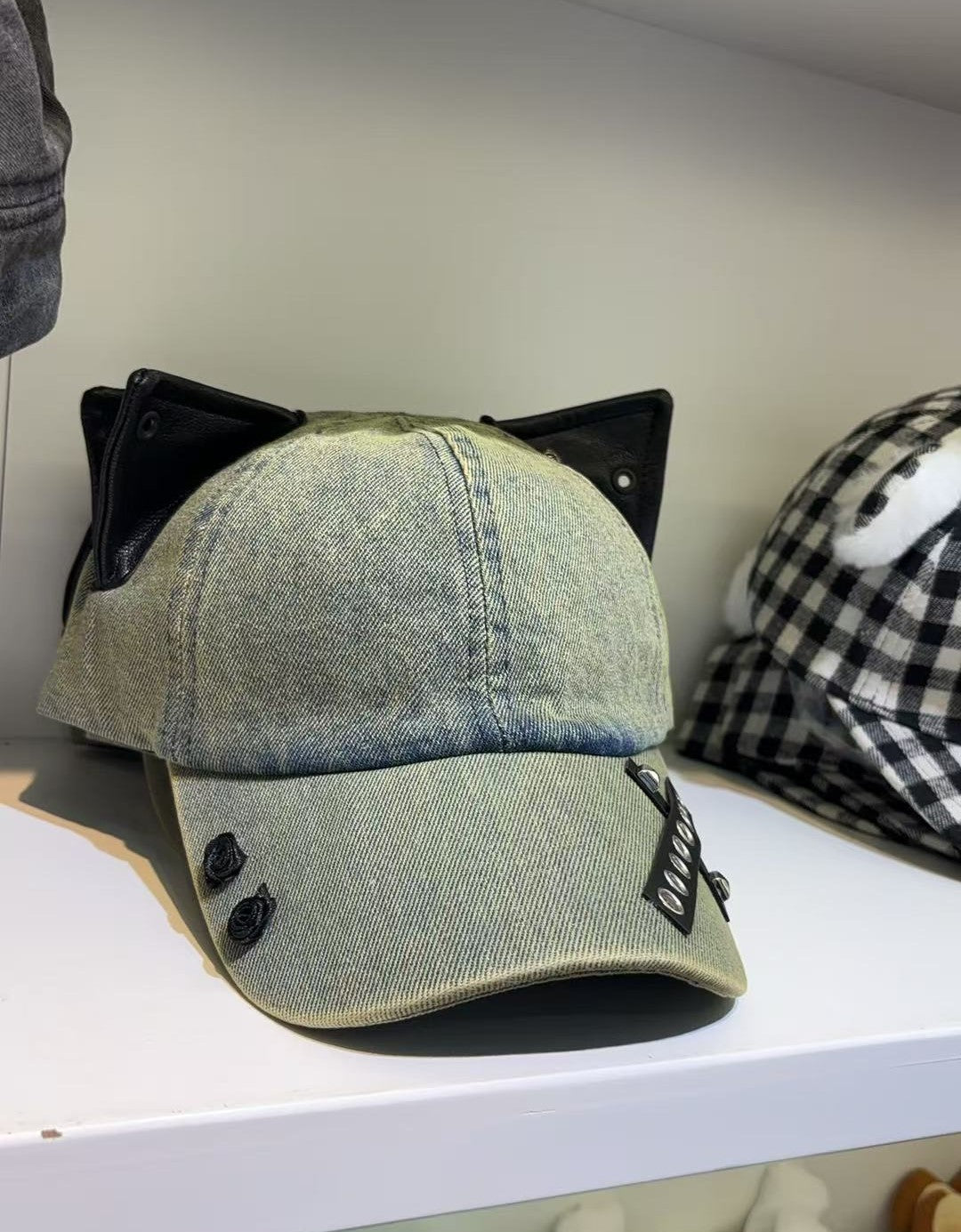 Y2K Retro Washed Denim Baseball Cap with Cat Ear Detail