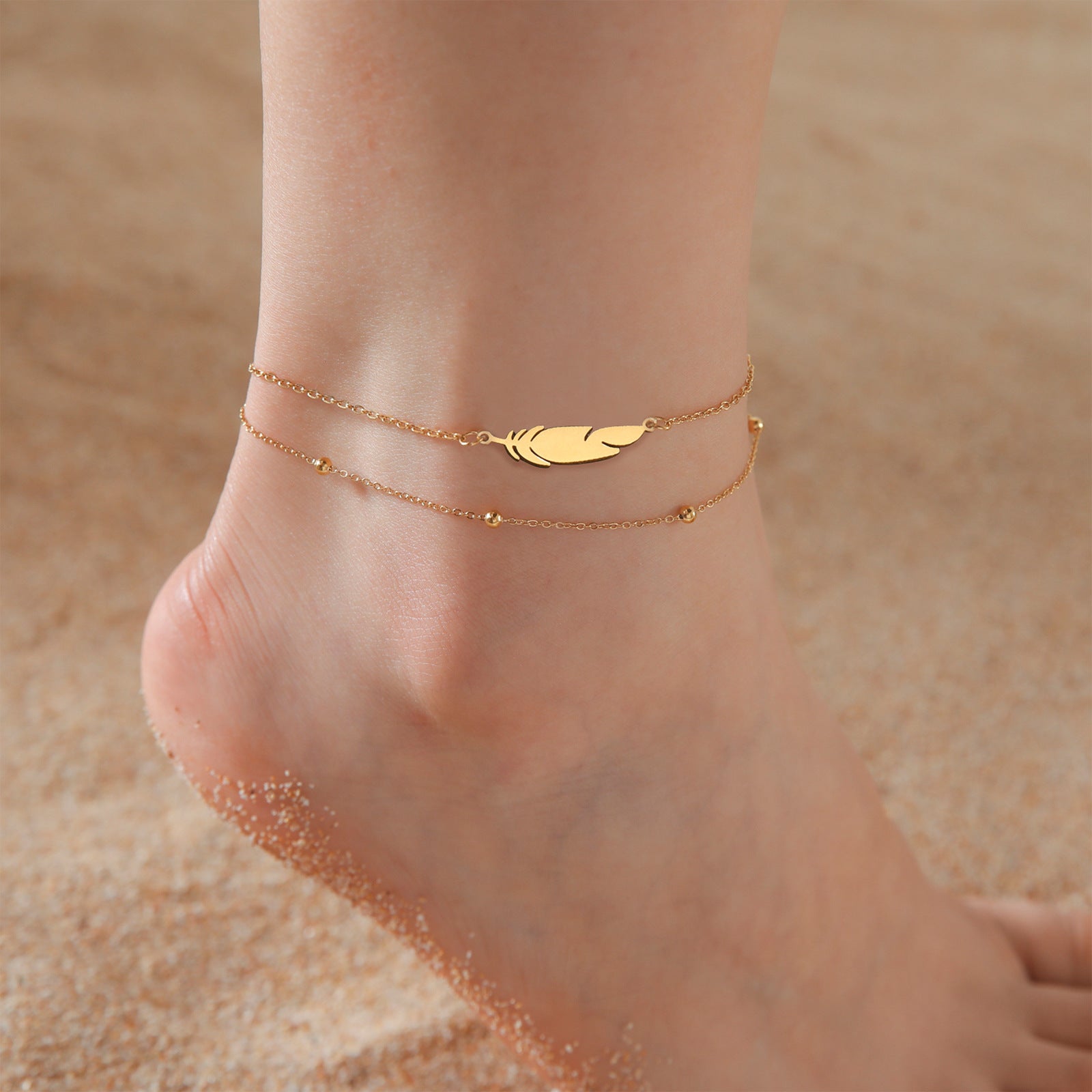 Feather Charm Double-Layer Stainless Steel Anklet with Lobster Clasp
