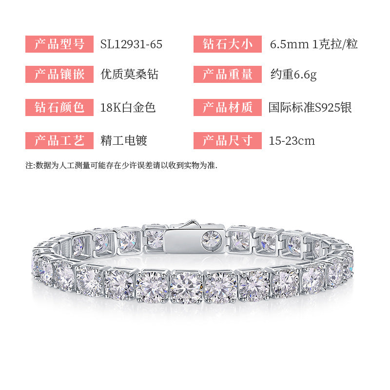 S925 Sterling Silver Moissanite Tennis Bracelet with Safety Clasp