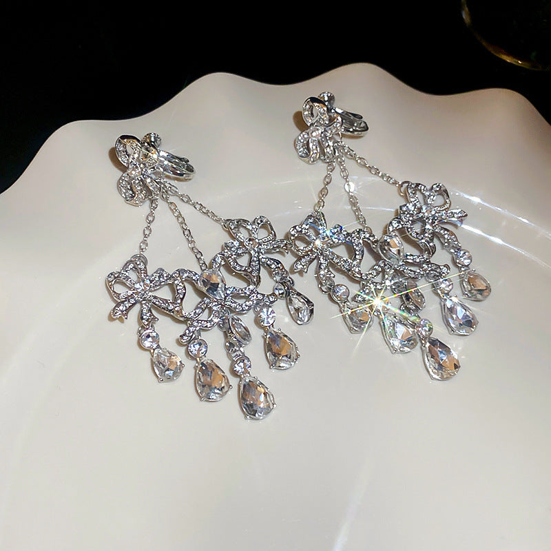 Diamond-Set Flower Drop Tassel Earrings with Silver Needle