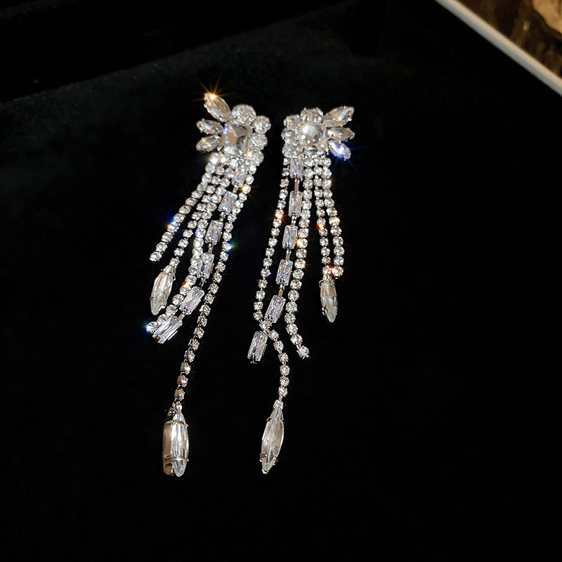 Diamond-Set Flower Drop Tassel Earrings with Silver Needle