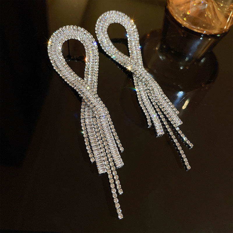 Diamond-Set Flower Drop Tassel Earrings with Silver Needle