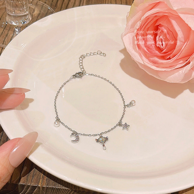 Star and Moon Titanium Steel Bracelet with Adjustable Sliding Knot