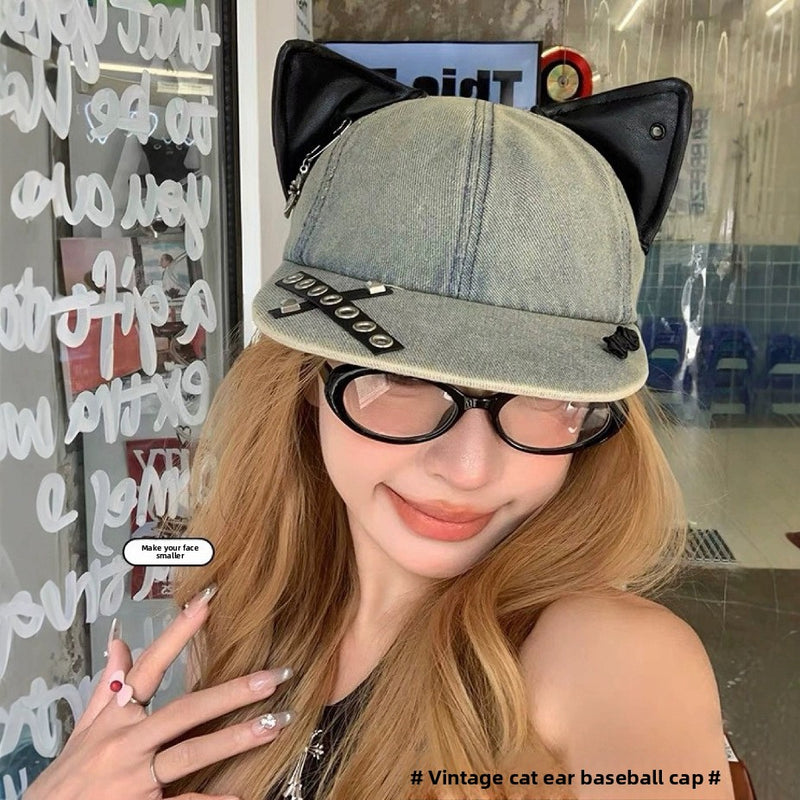 Y2K Retro Washed Denim Baseball Cap with Cat Ear Detail