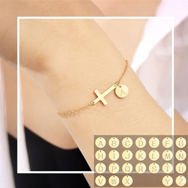Stainless Steel Cross Letter Charm Bracelet with 26 Initial Options