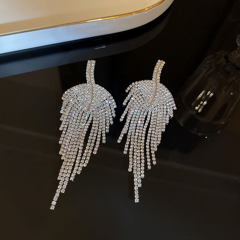Diamond-Set Flower Drop Tassel Earrings with Silver Needle