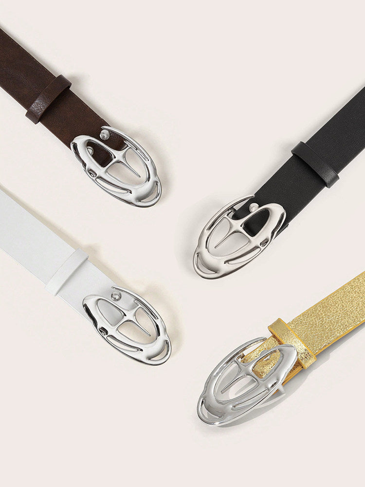 Vintage Cross Motif PU Leather Belt with Round Alloy Buckle