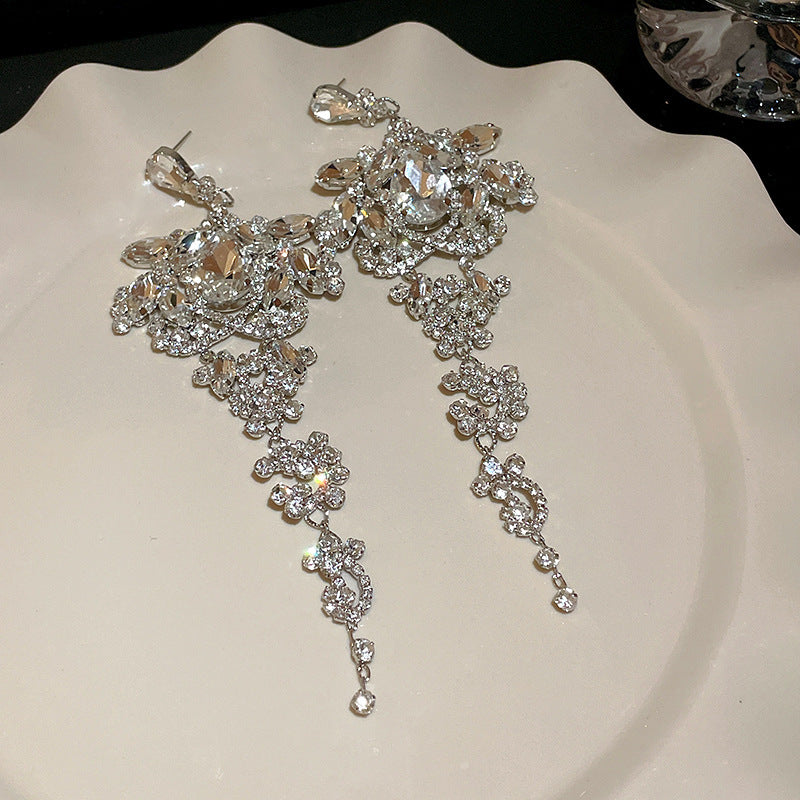 Diamond-Set Flower Drop Tassel Earrings with Silver Needle