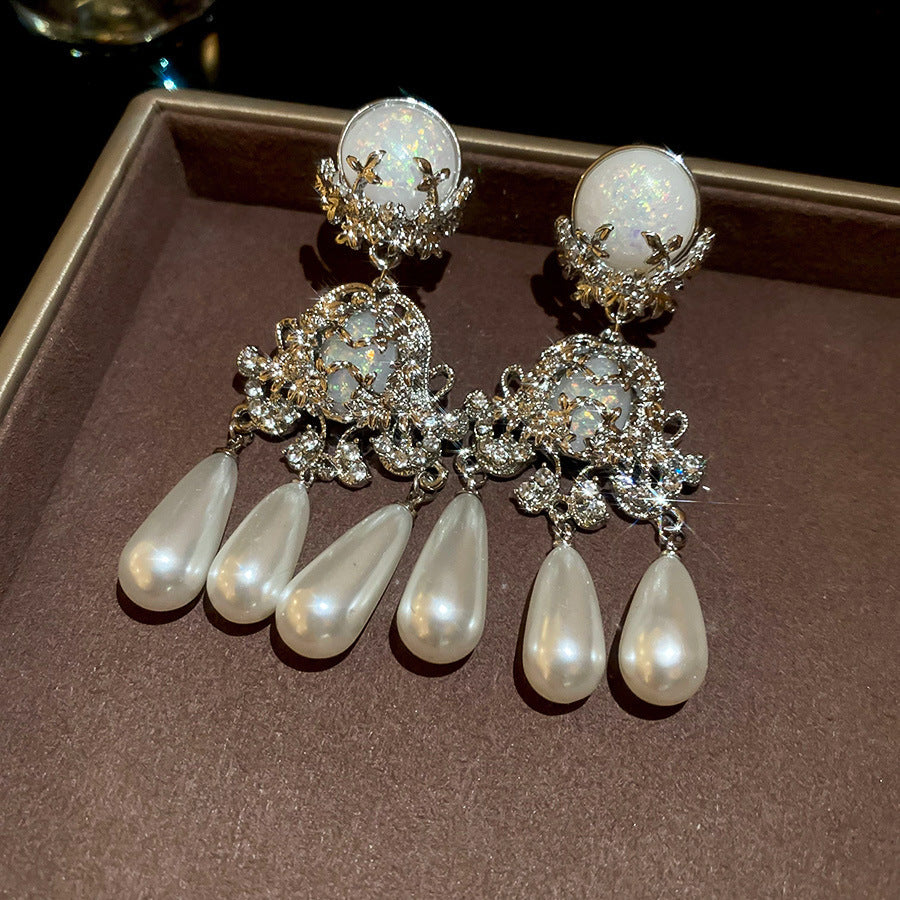 Diamond-Set Flower Drop Tassel Earrings with Silver Needle