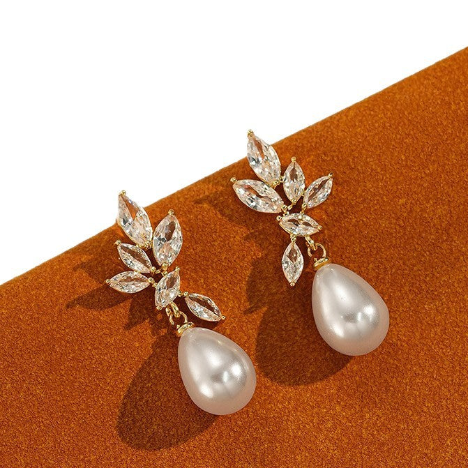 Leaf Pearl and Zircon Earrings with Stainless Steel Ear Posts