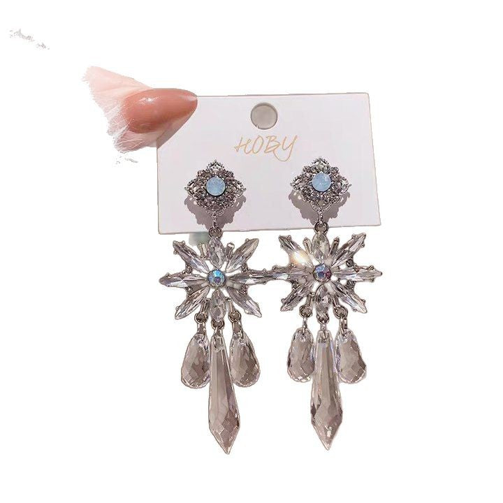 Diamond-Set Flower Drop Tassel Earrings with Silver Needle