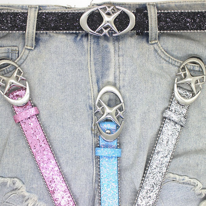 Double Star Sequin Accent PU Leather Belt with Alloy Buckle