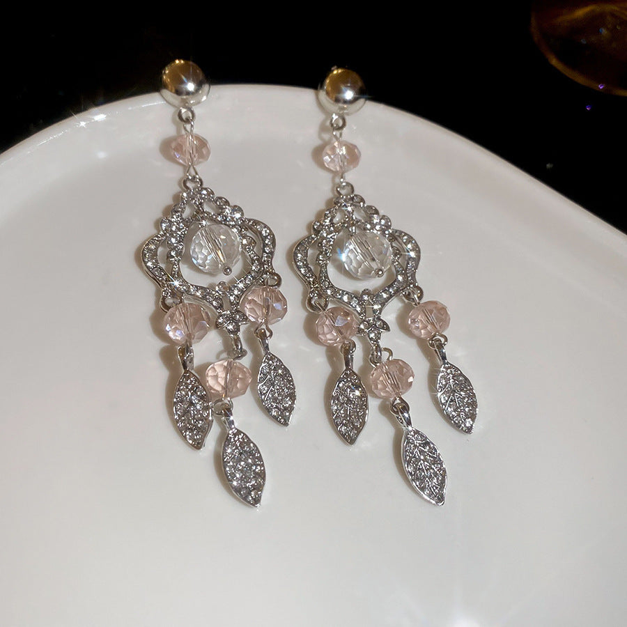 Diamond-Set Flower Drop Tassel Earrings with Silver Needle