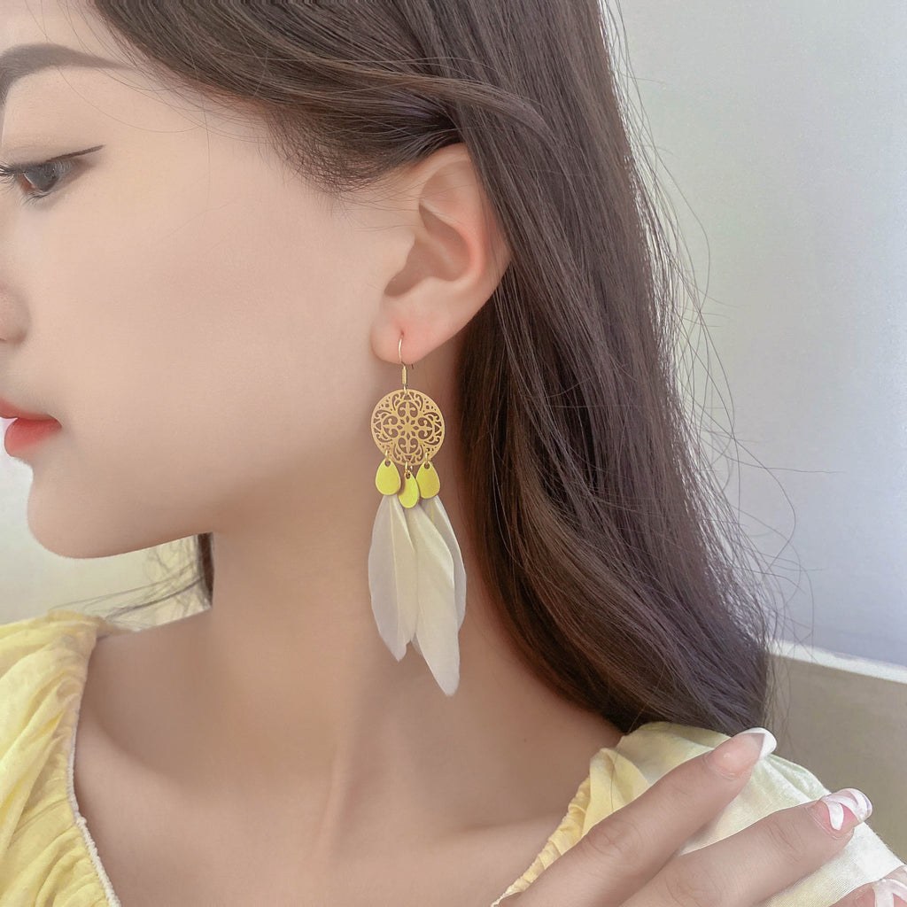 Tassel Feather Earrings with Hollow Flower Detail and Copper Finish