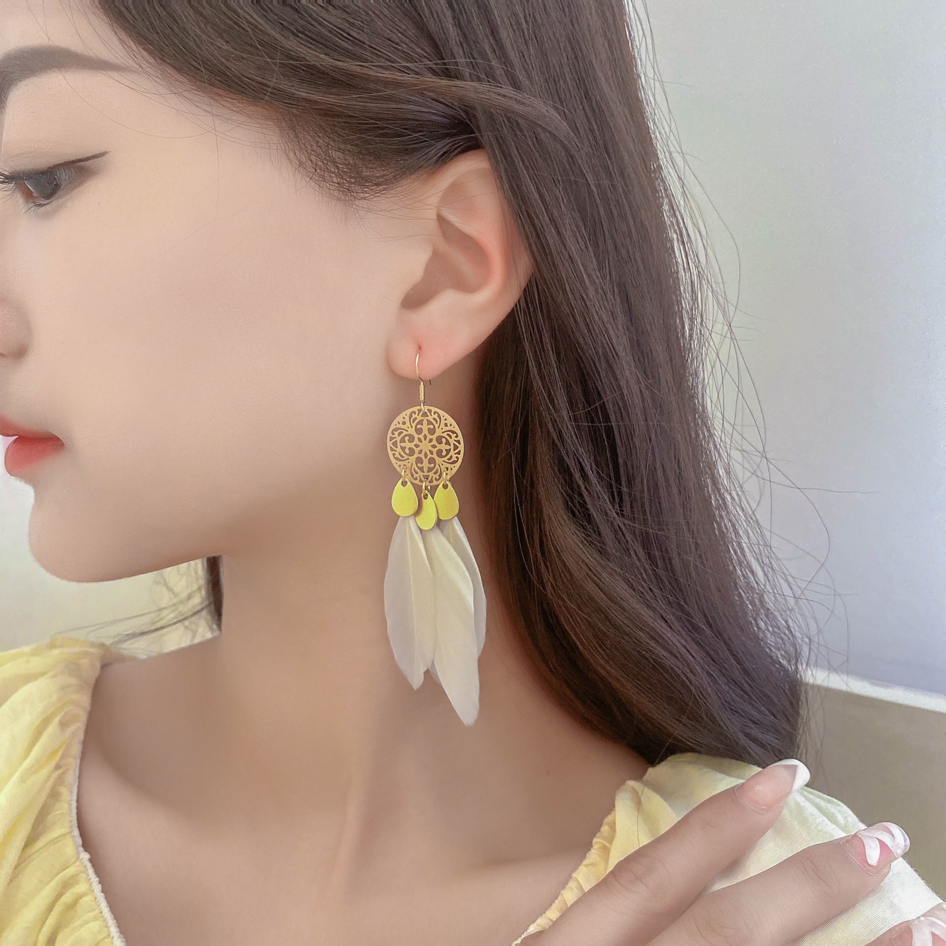 Tassel Feather Earrings with Hollow Flower Detail and Copper Finish