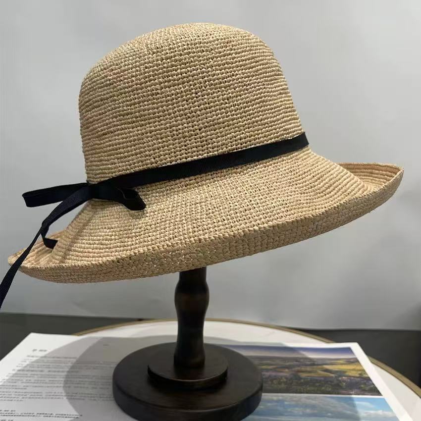 Handwoven Raffia Straw Wide-Brim Hat with Bow Detail