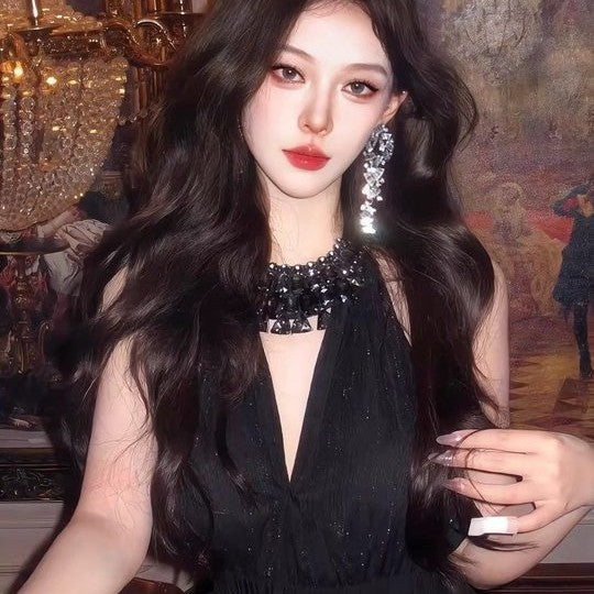 Diamond-Set Flower Drop Tassel Earrings with Silver Needle