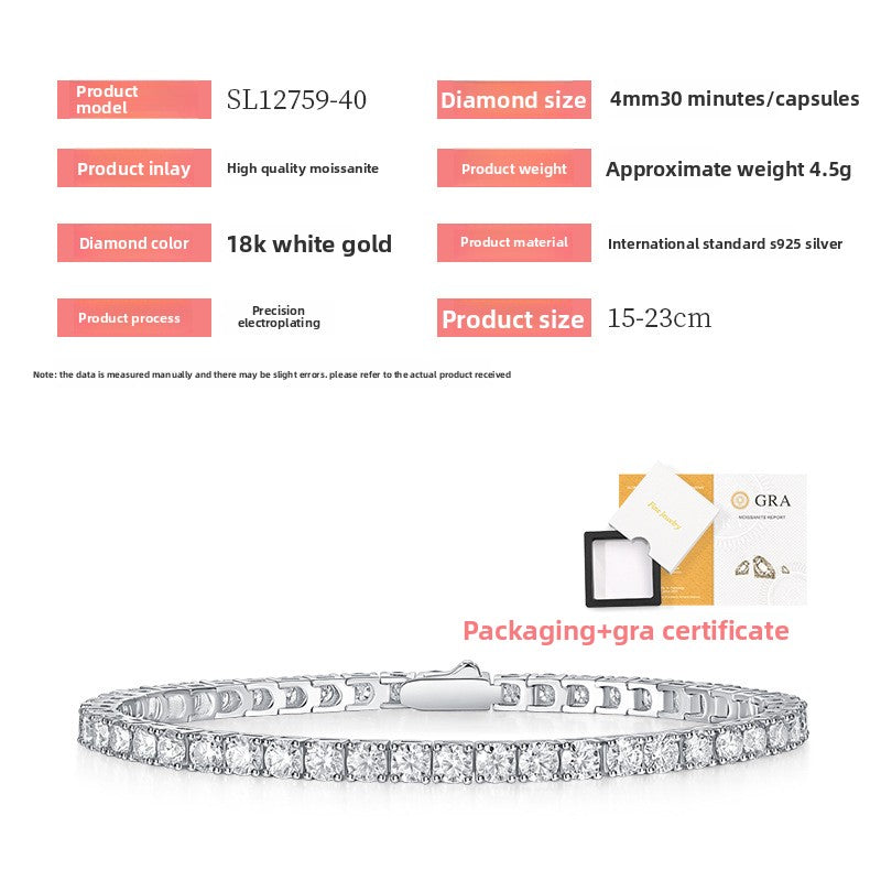 S925 Sterling Silver Moissanite Tennis Bracelet with Safety Clasp