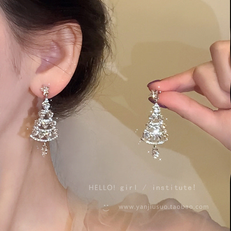 Zircon Tassel Christmas Tree Earrings with Silver Electroplated Finish