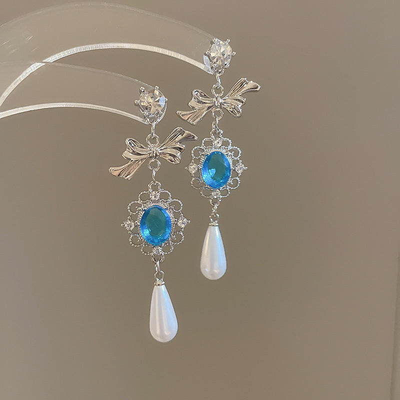 Diamond-Set Flower Drop Tassel Earrings with Silver Needle