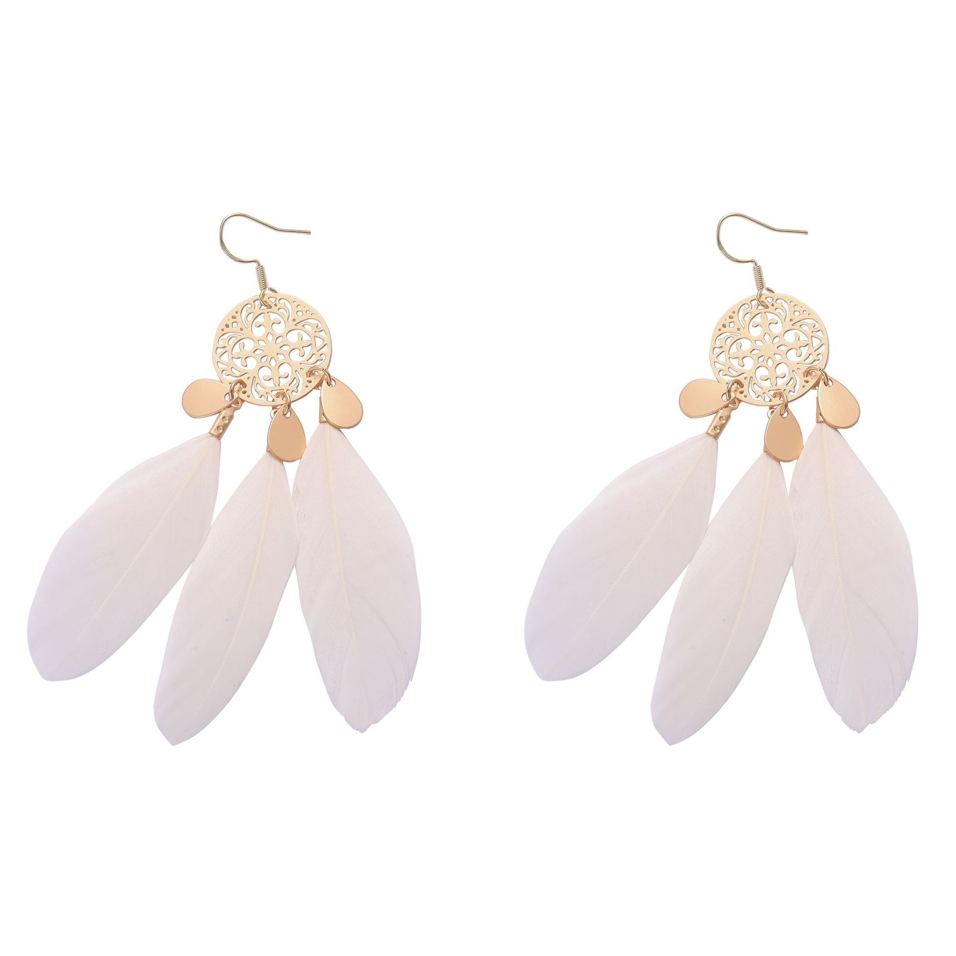 Tassel Feather Earrings with Hollow Flower Detail and Copper Finish