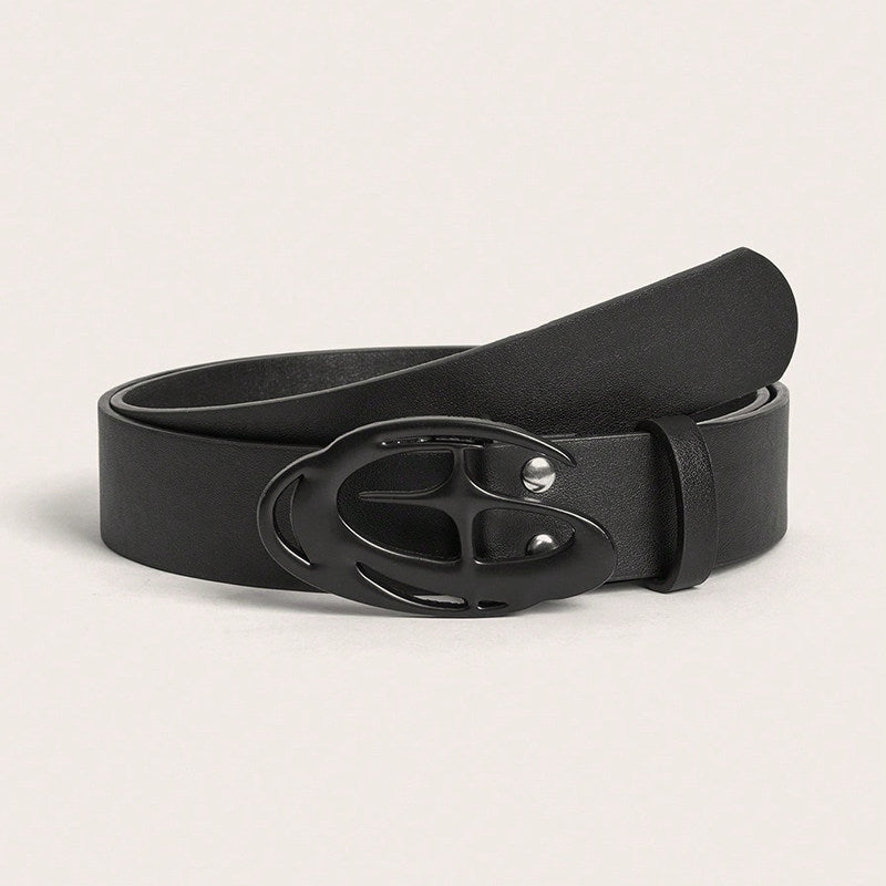 Vintage Cross Motif PU Leather Belt with Round Alloy Buckle