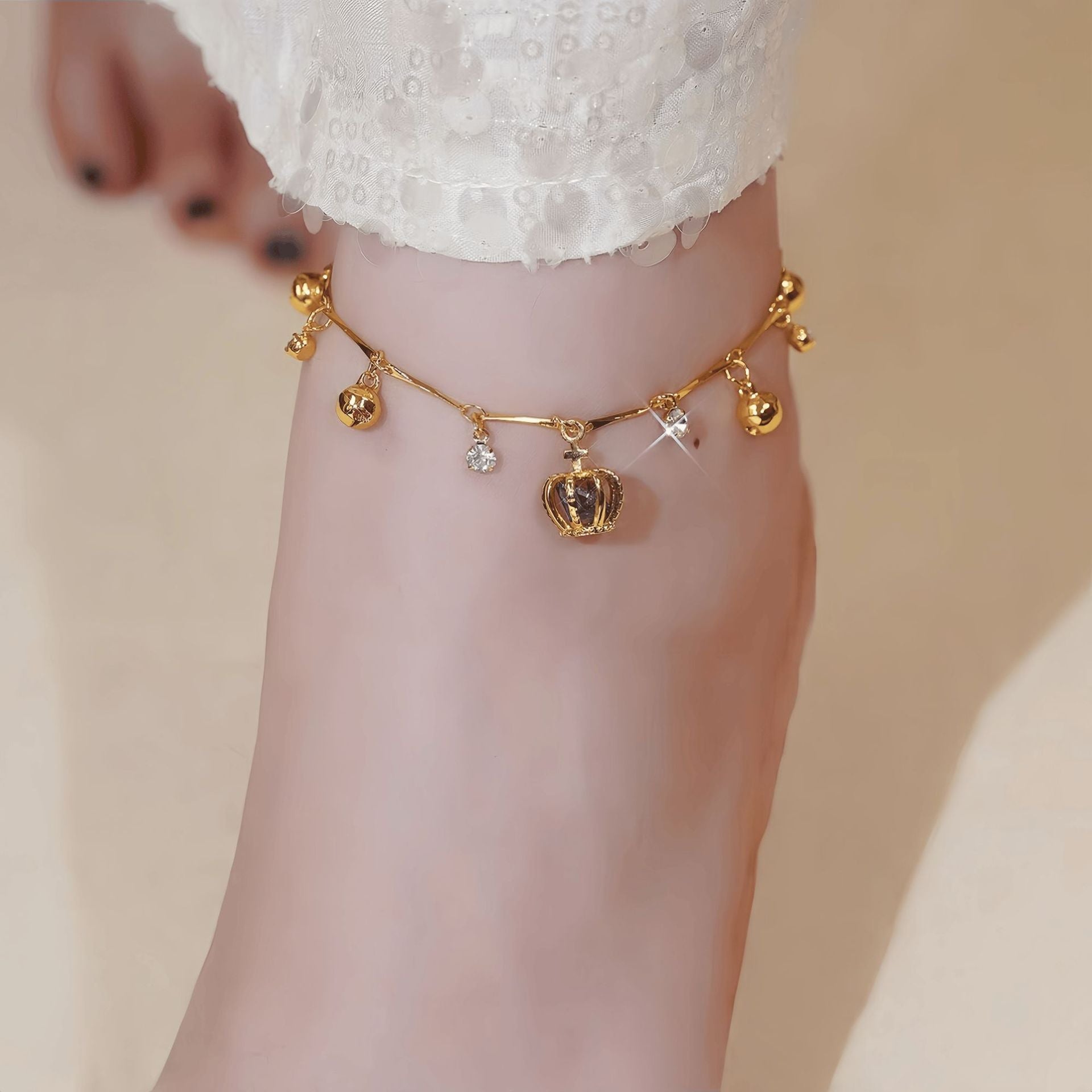 Crown Bell Charm Copper Alloy Anklet with Extension Chain