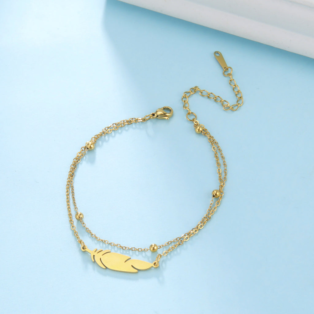 Feather Charm Double-Layer Stainless Steel Anklet with Lobster Clasp