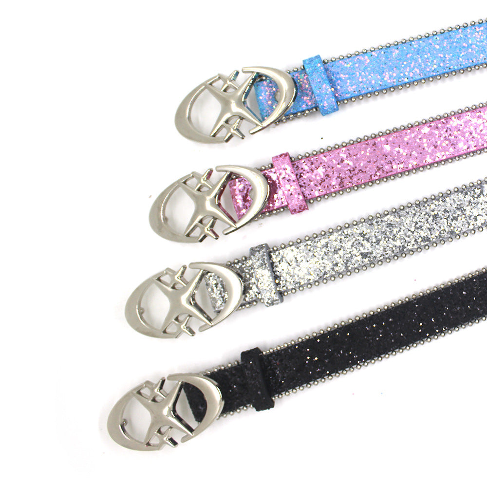 Double Star Sequin Accent PU Leather Belt with Alloy Buckle