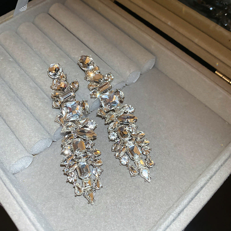 Diamond-Set Flower Drop Tassel Earrings with Silver Needle