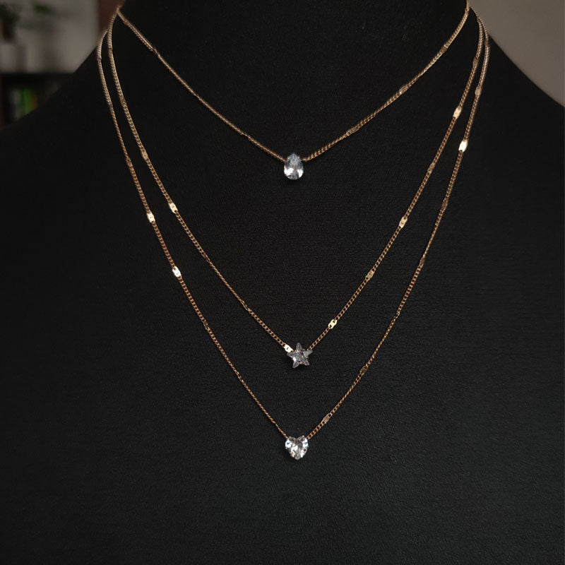Triple-Layer Pendant Necklace with Zircon Accents and Extension Chain