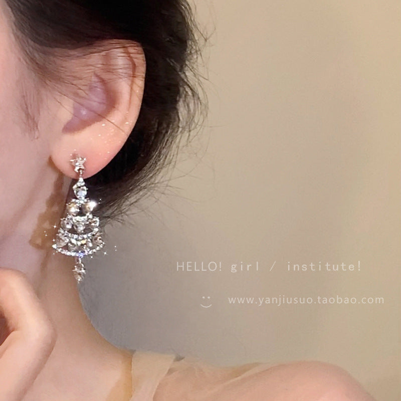 Zircon Tassel Christmas Tree Earrings with Silver Electroplated Finish