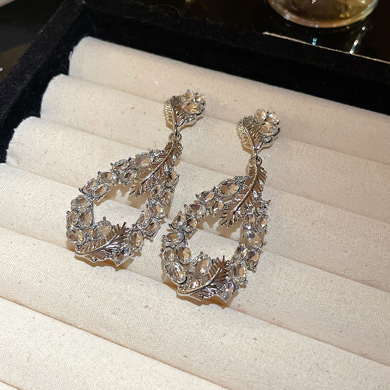 Diamond-Set Flower Drop Tassel Earrings with Silver Needle