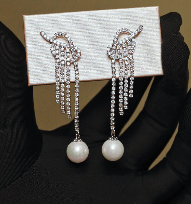 Diamond-Set Flower Drop Tassel Earrings with Silver Needle