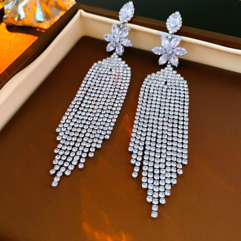 Diamond-Set Flower Drop Tassel Earrings with Silver Needle