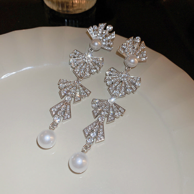 Diamond-Set Flower Drop Tassel Earrings with Silver Needle