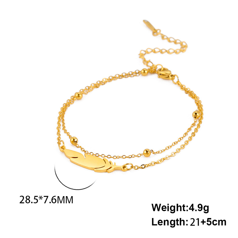 Feather Charm Double-Layer Stainless Steel Anklet with Lobster Clasp