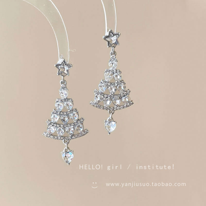Zircon Tassel Christmas Tree Earrings with Silver Electroplated Finish