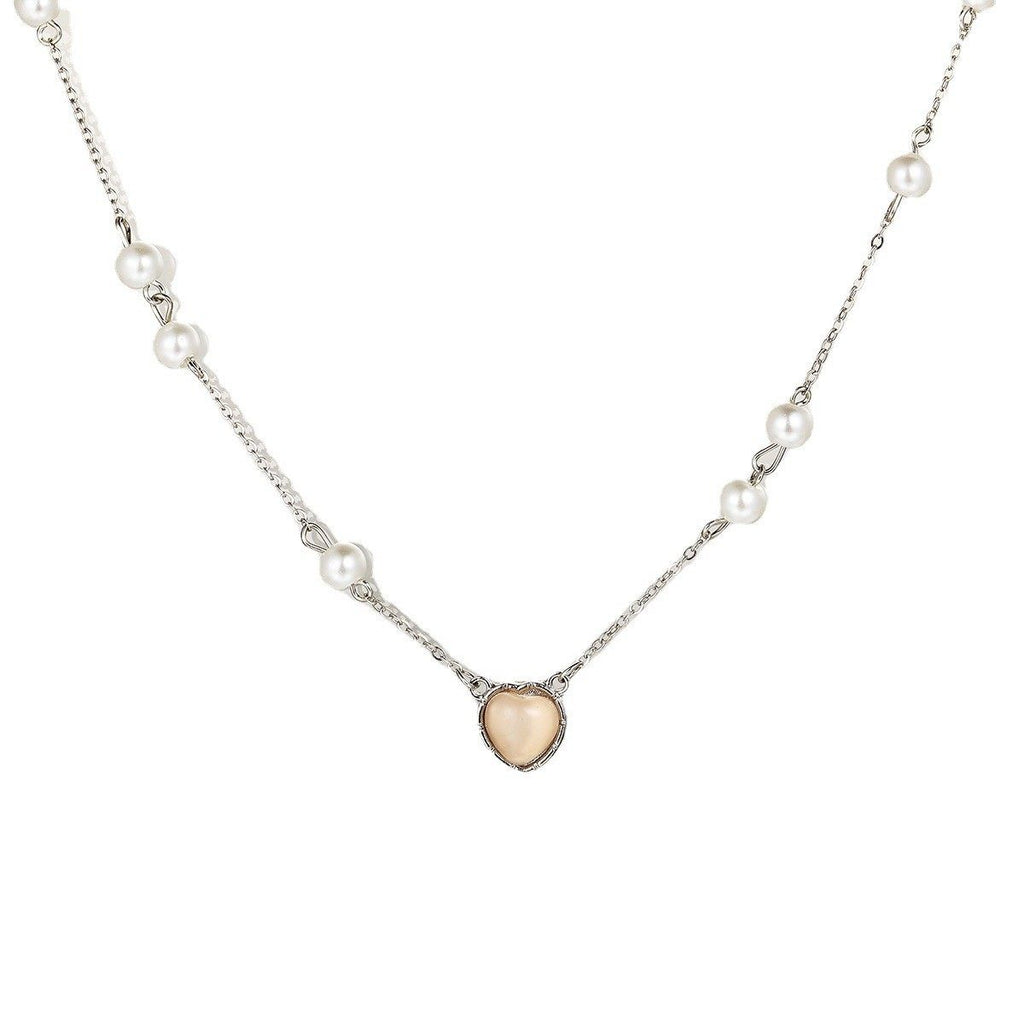 Pearl Heart Pendant Water Wave Chain Necklace with Adjustable Fit