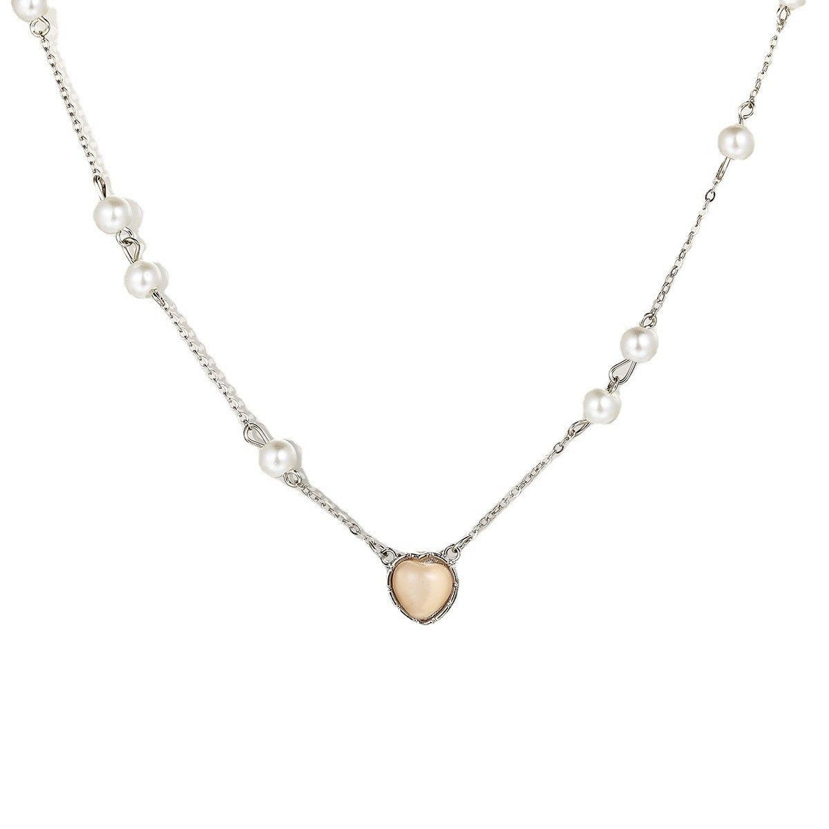 Pearl Heart Pendant Water Wave Chain Necklace with Adjustable Fit