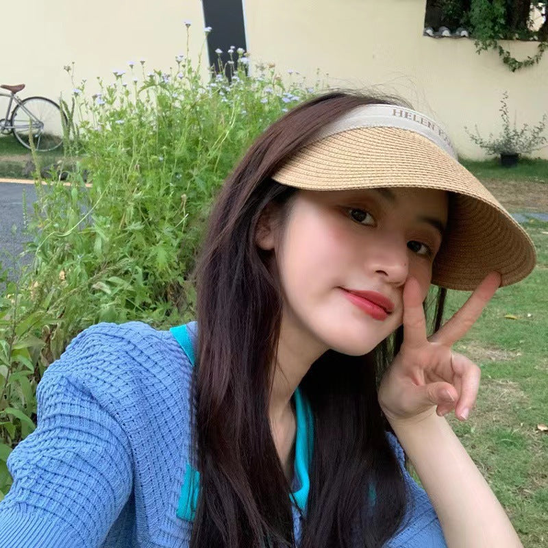 Wide-Brim Straw Sun Hat with Adjustable Open Top Design