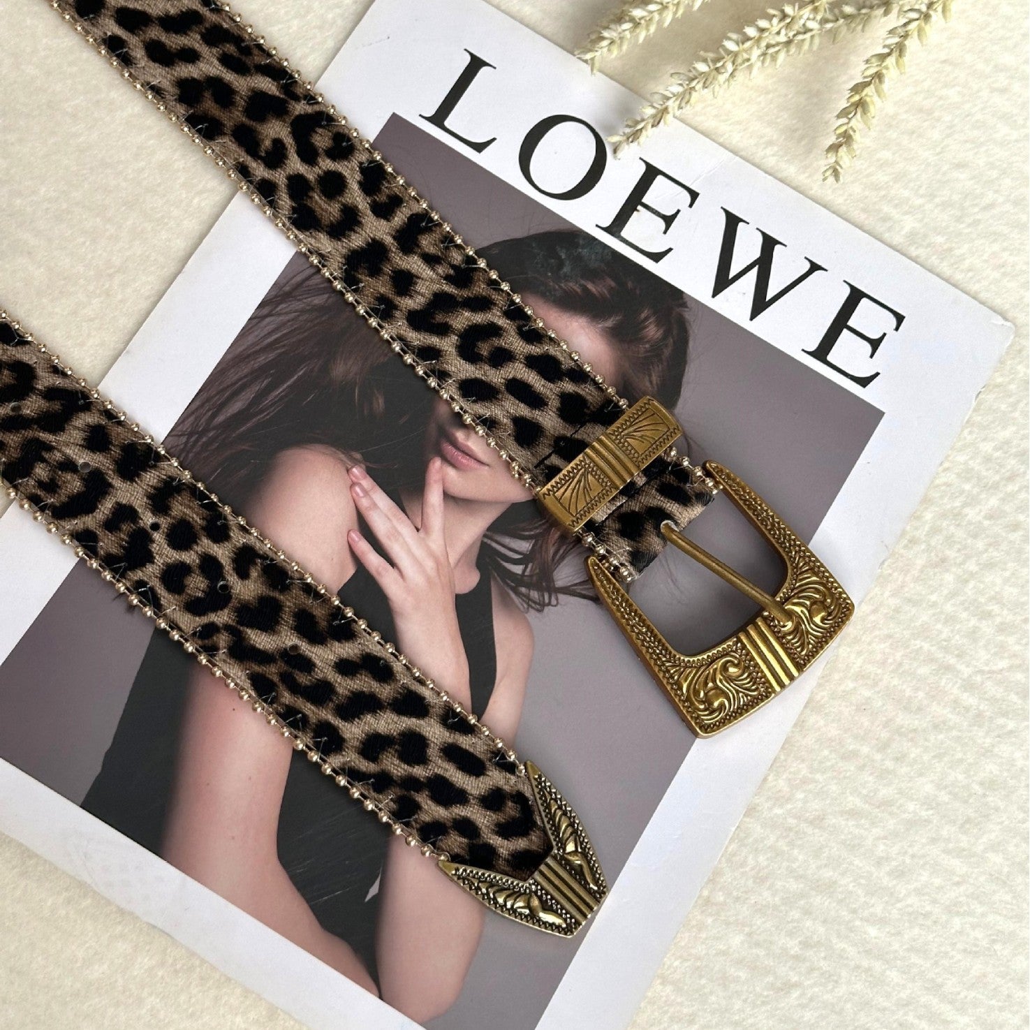 Leopard Jacquard PU Leather Belt with Alloy Pin Buckle