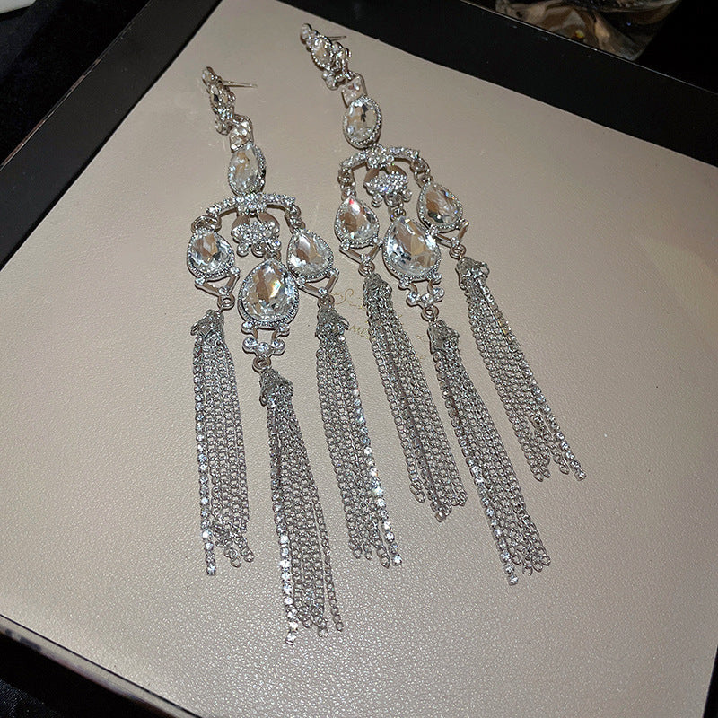 Diamond-Set Flower Drop Tassel Earrings with Silver Needle