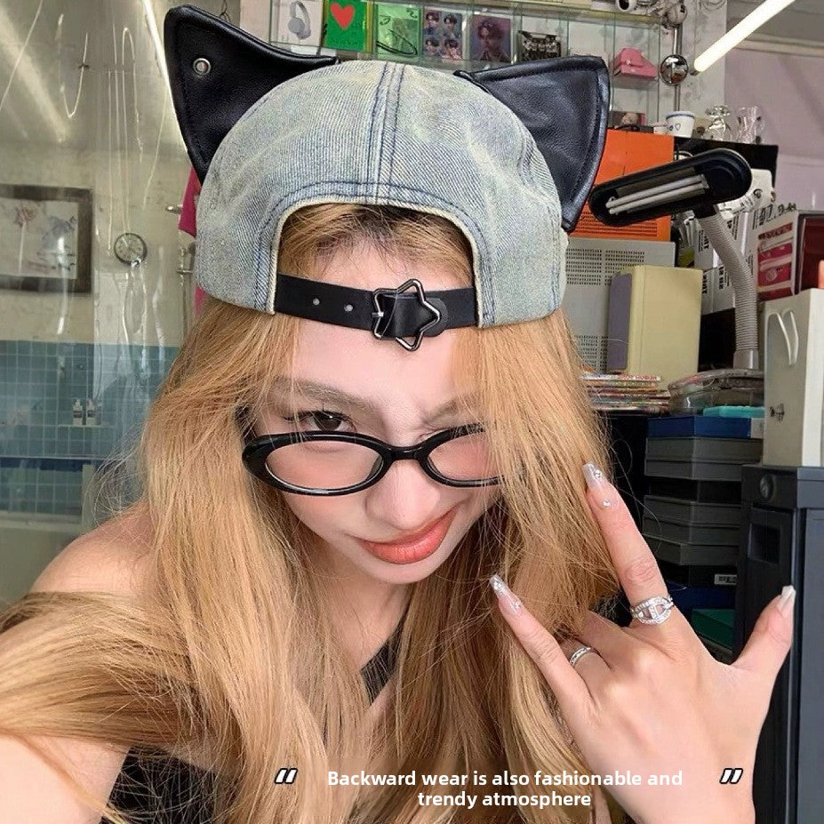 Y2K Retro Washed Denim Baseball Cap with Cat Ear Detail