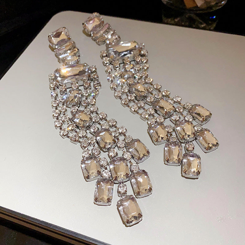 Diamond-Set Flower Drop Tassel Earrings with Silver Needle