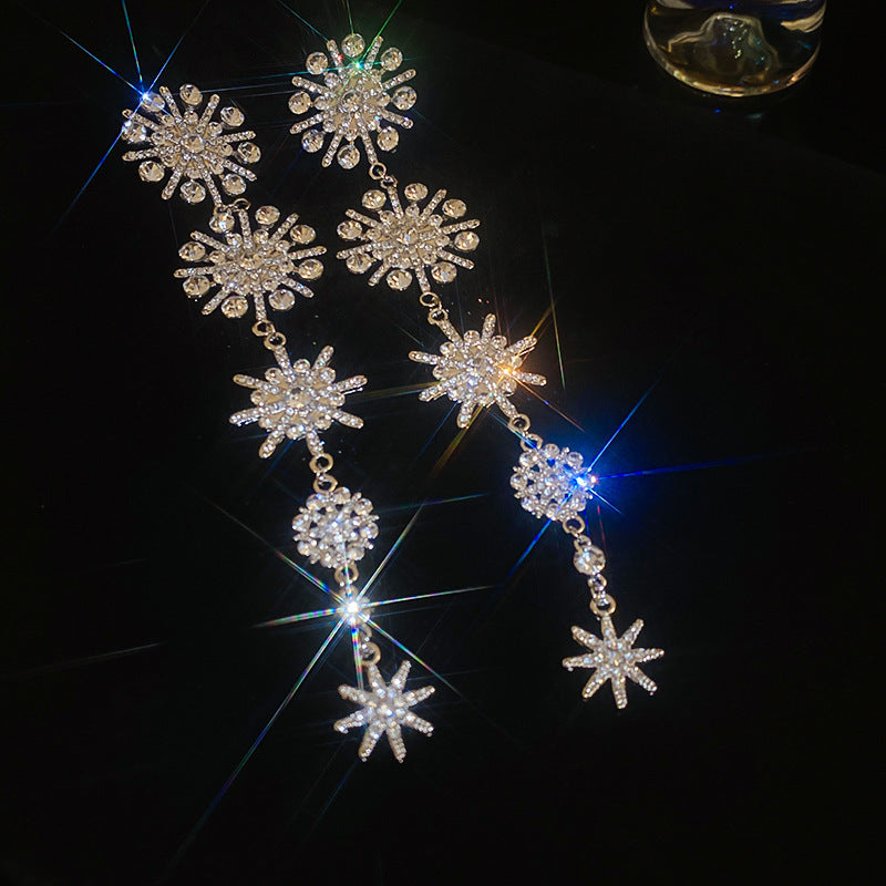 Diamond-Set Flower Drop Tassel Earrings with Silver Needle