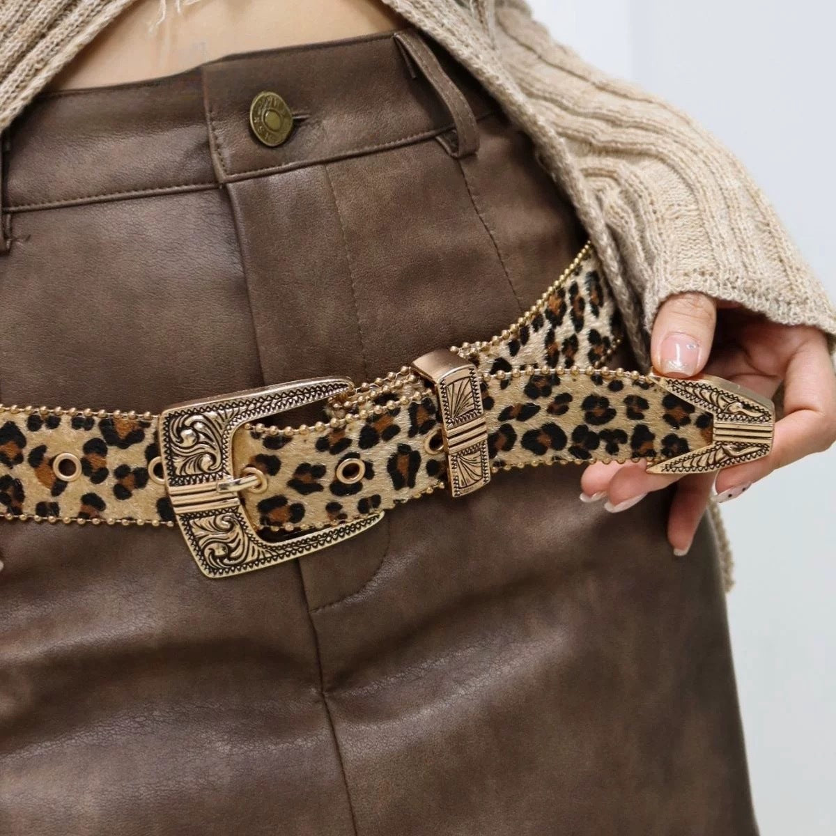 Leopard Jacquard PU Leather Belt with Alloy Pin Buckle