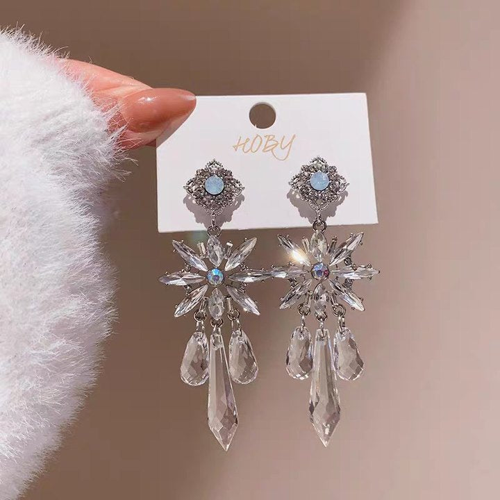 Diamond-Set Flower Drop Tassel Earrings with Silver Needle