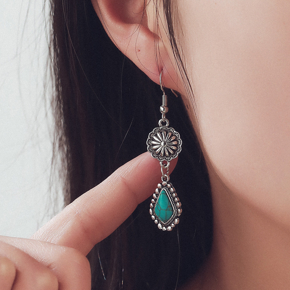 Vintage Turquoise Carved Long Earrings with Geometric Detail